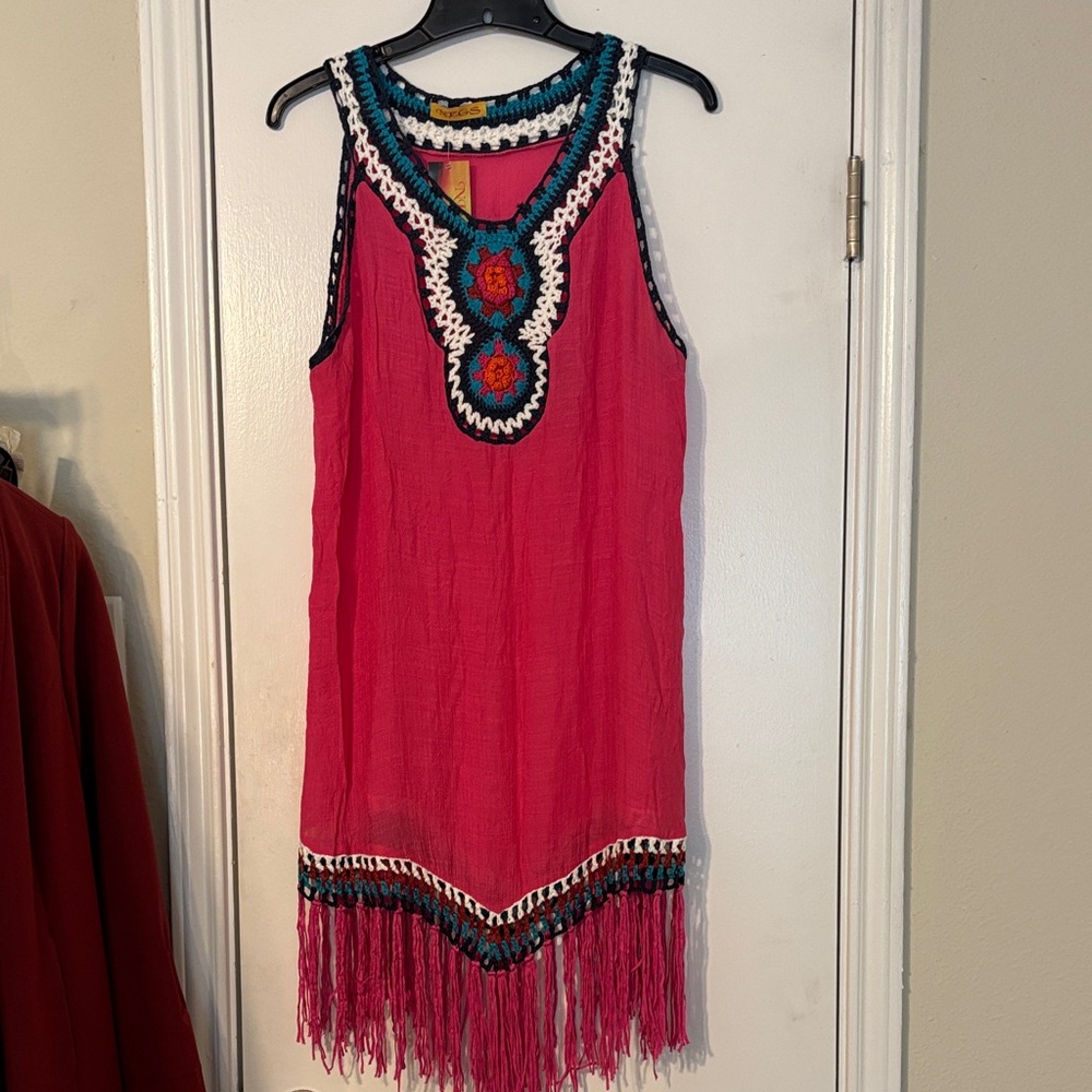 Pink Sleeveless Crochet Fringe Dress